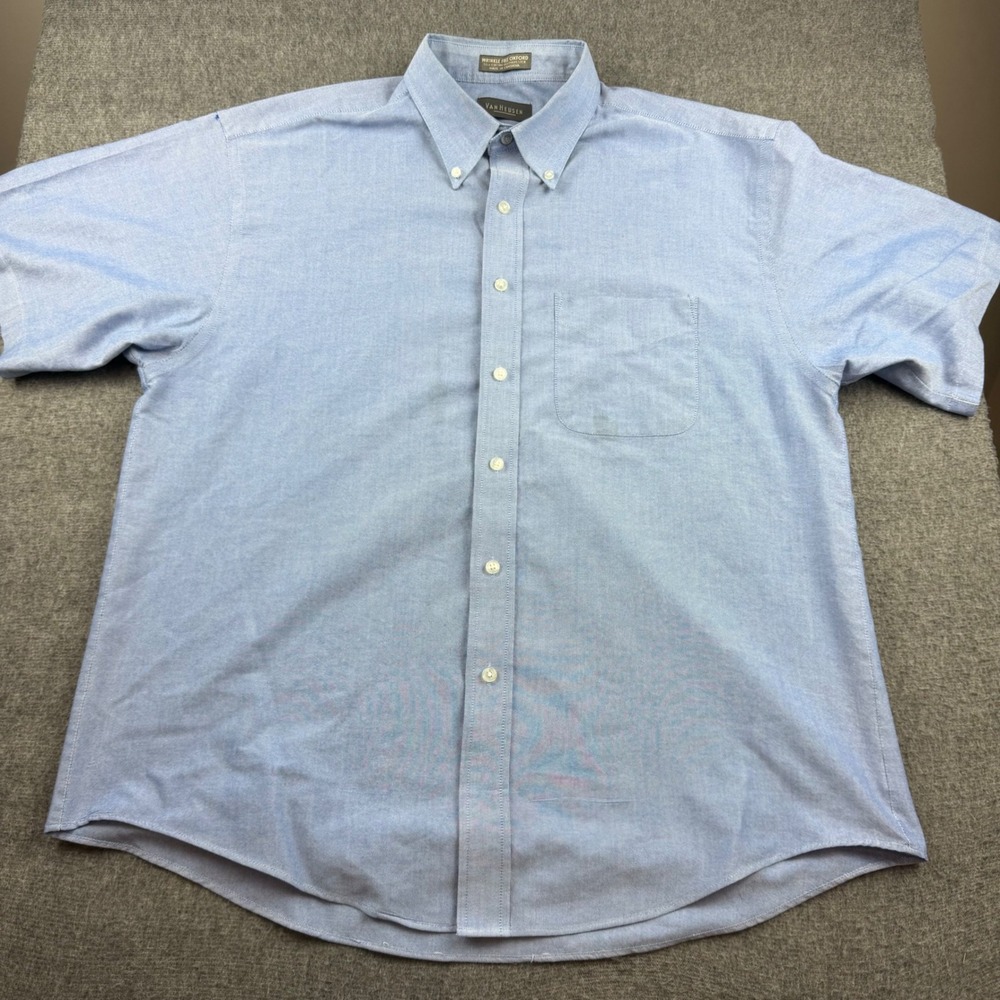 Van Heusen Button Down Shirt Mens L 16-16.5 Blue Wrinkle Free Oxford Short